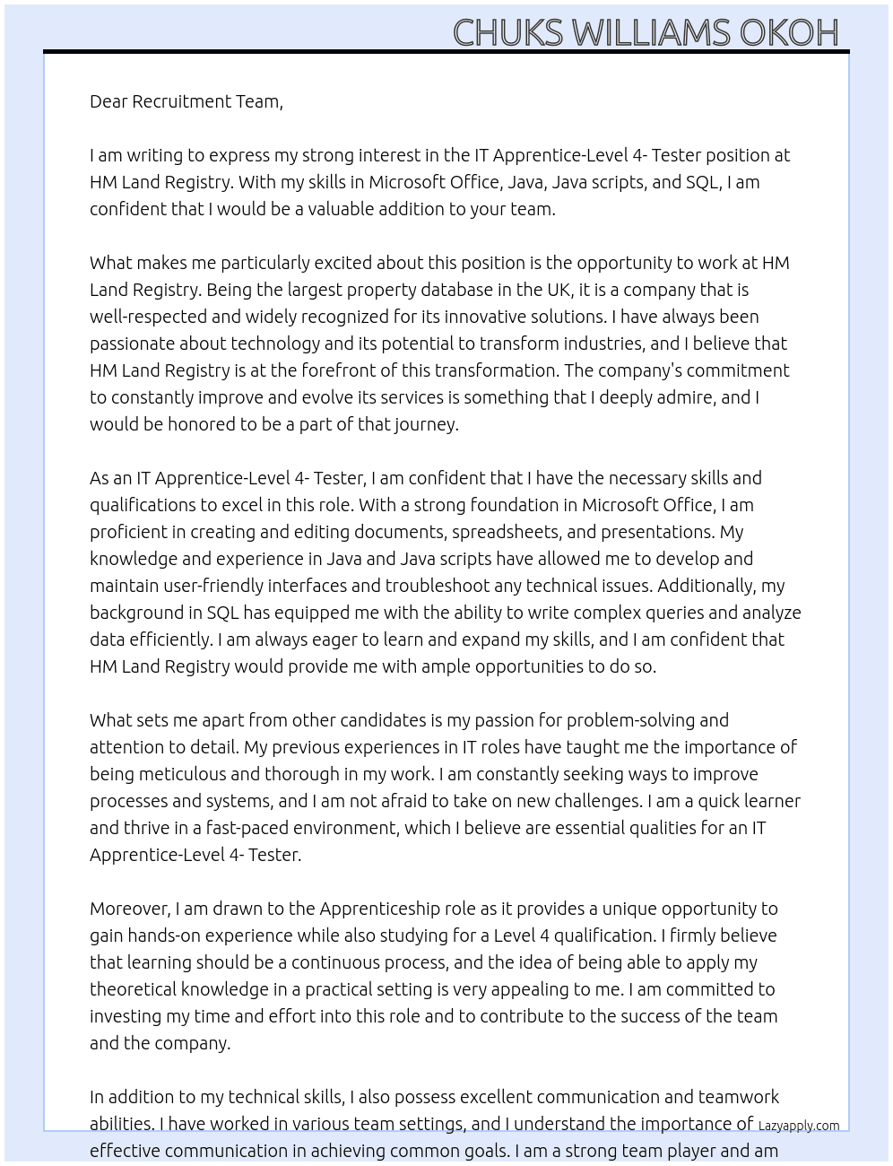 IT Apprentice-Level 4- Tester At HM Land Registry Cover Letter