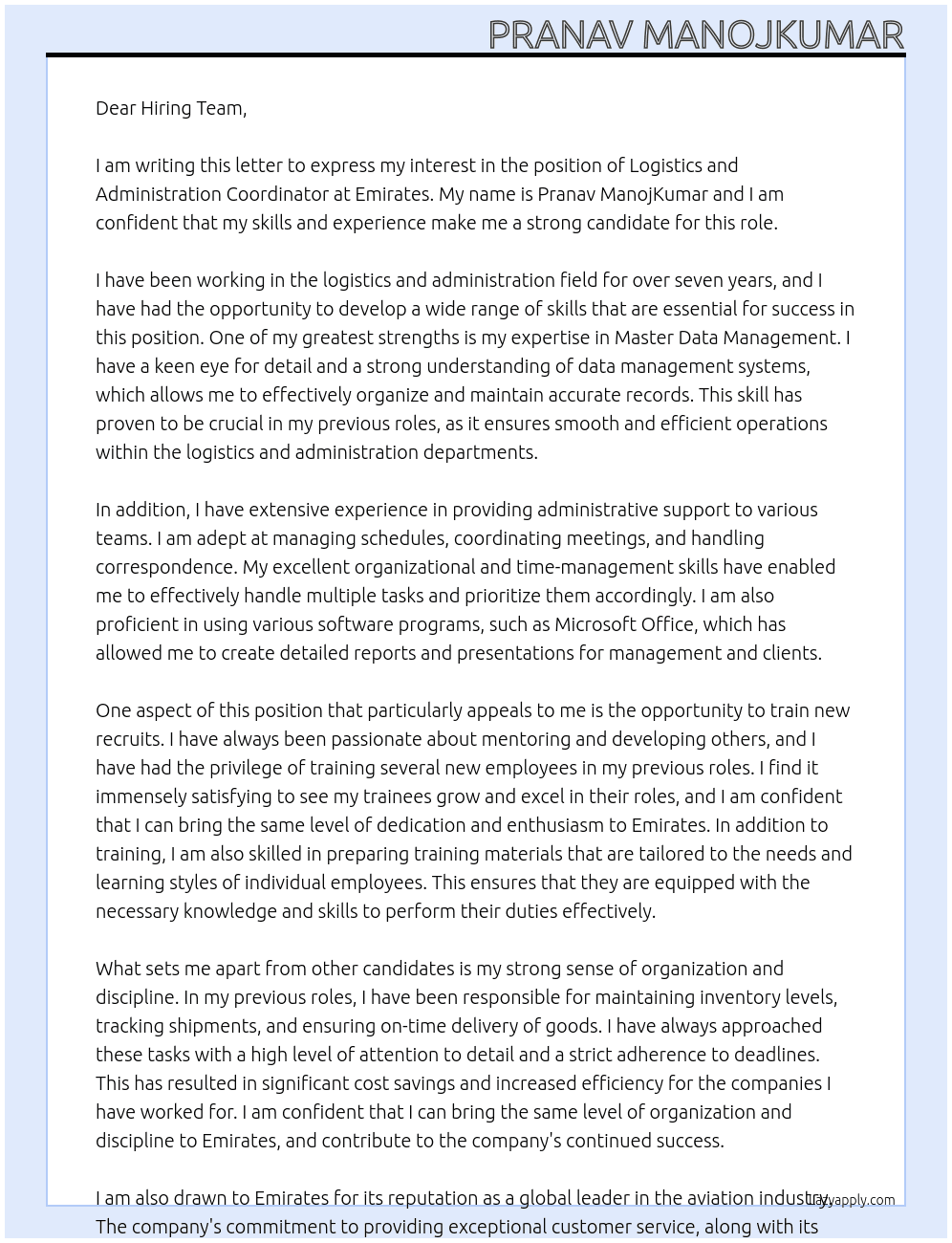 Logistics and Administration Coordinator At Emirates Cover Letter