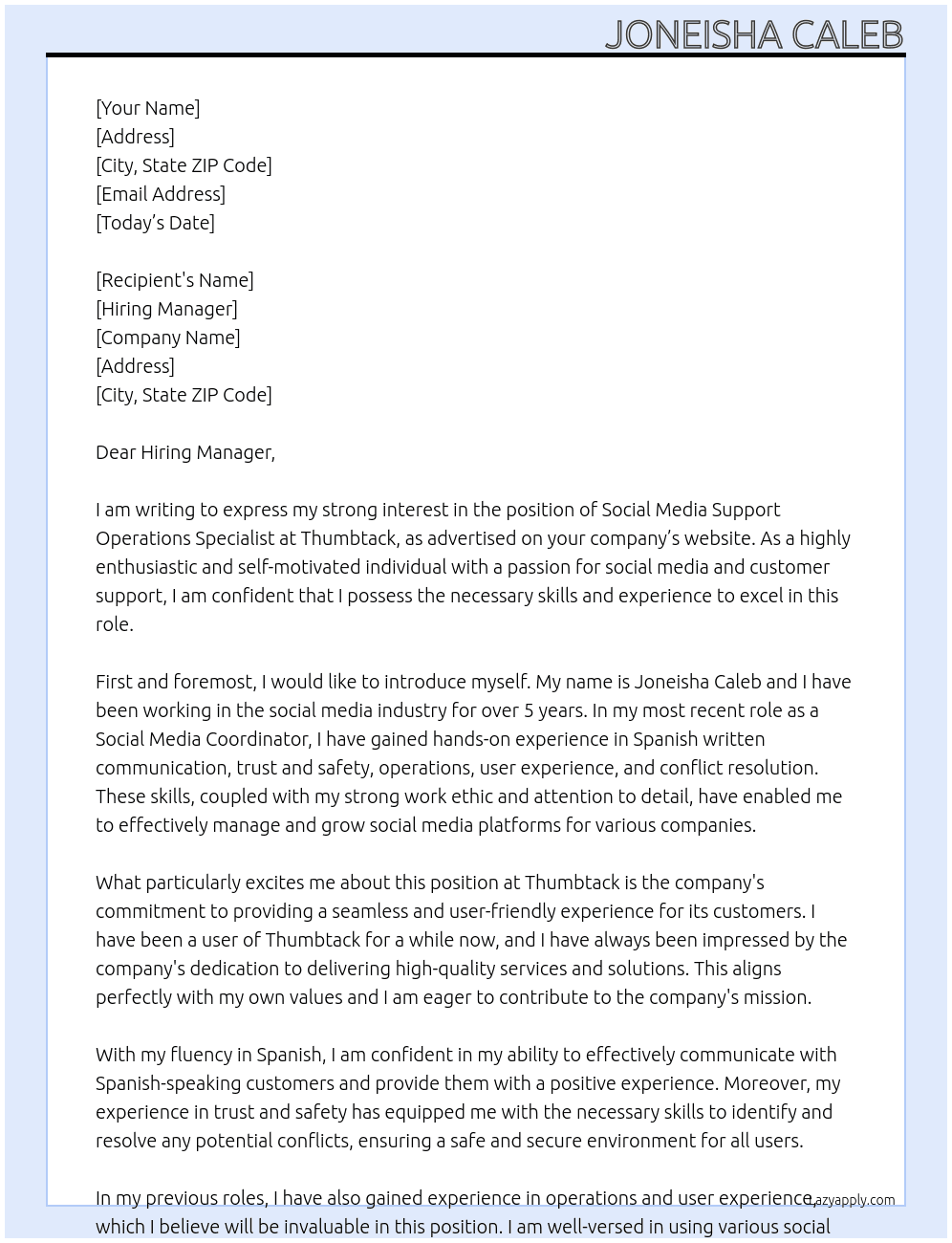 Social Media Support Operations Specialist  At Thumbtack Cover Letter