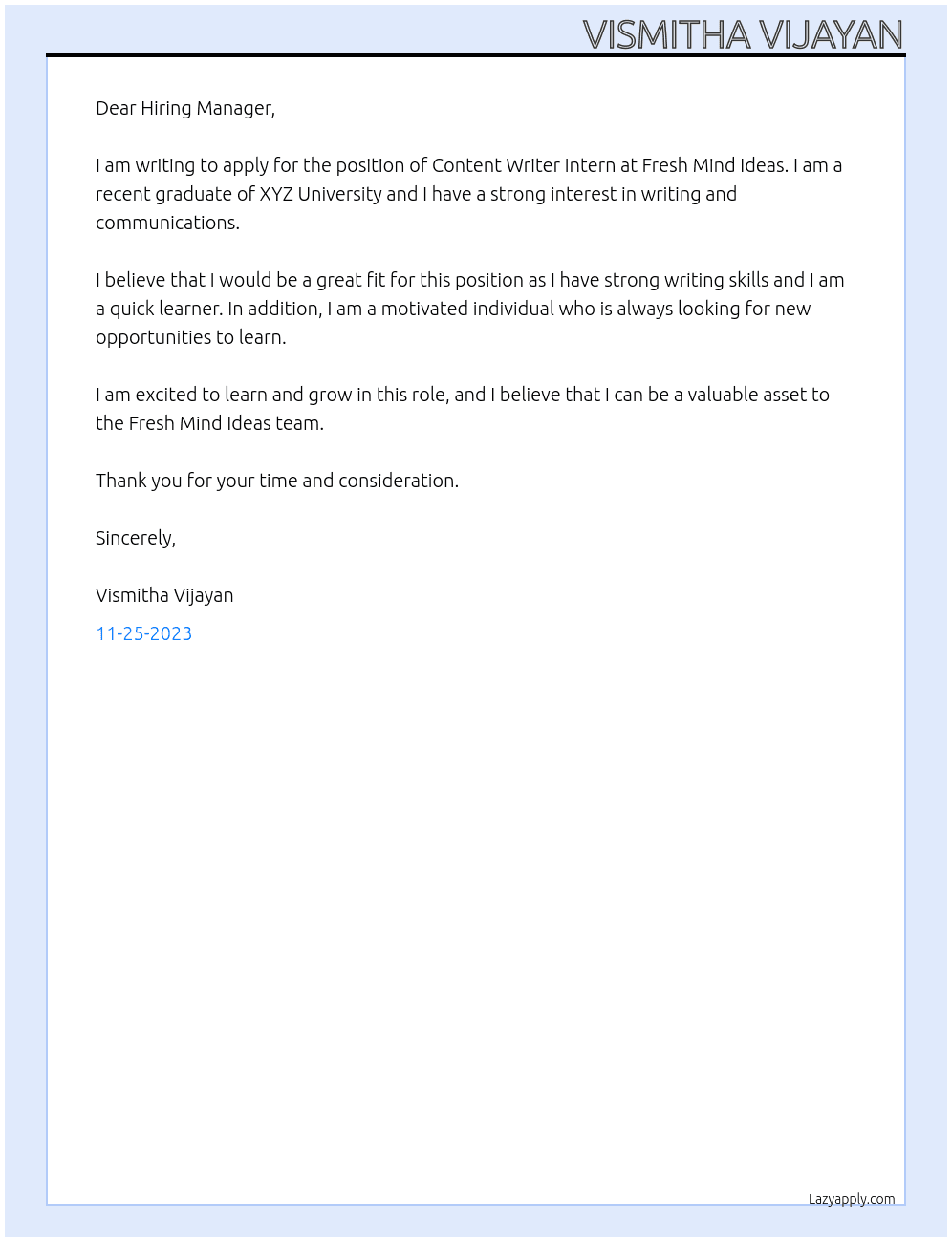 Content Writer Intern At Fresh Mind Ideas Cover Letter