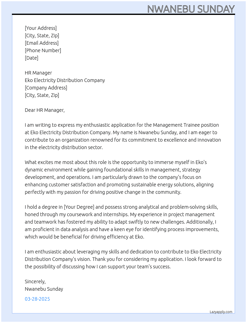 Management trainee At Eko electricity distribution company Cover Letter