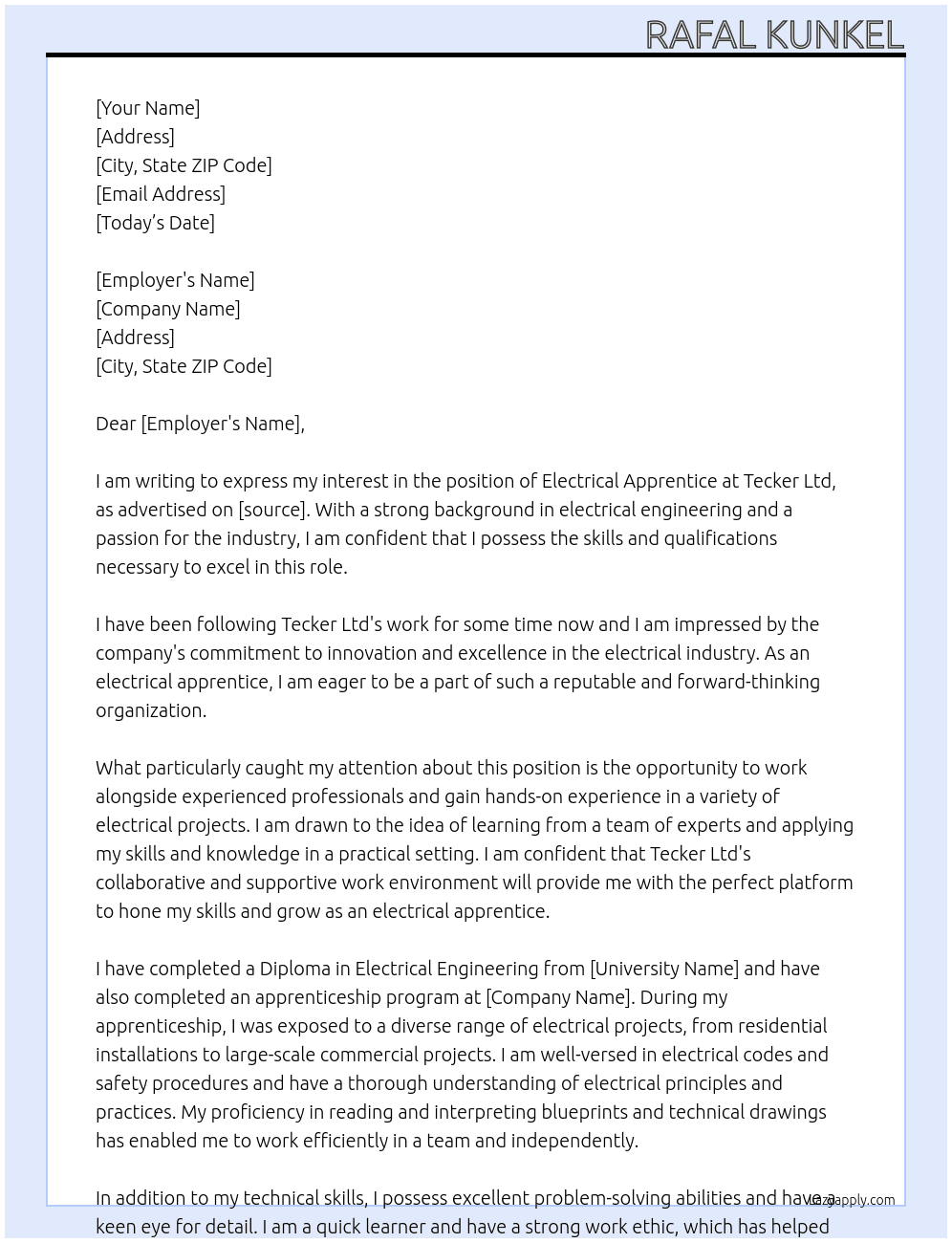 Electrical Apprentice At Tecker Ltd Cover Letter