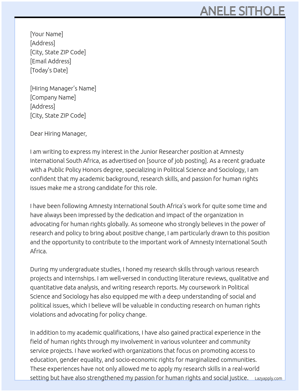 junior researcher At Amnesty International South Africa Cover Letter