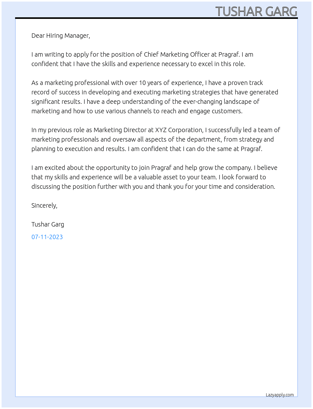 Chief Marketing Officer (CMO) At Pragraf Cover Letter