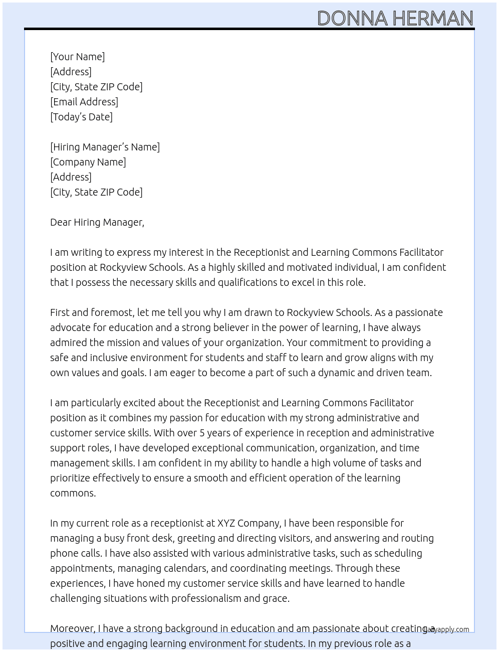 Receptionist and Learning Commons Facilitator At Rockyview Schools Cover Letter