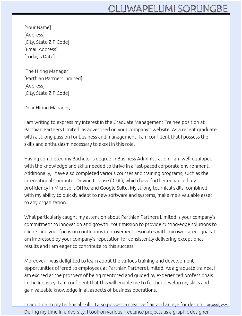 Graduate management trainee  At Parthian Partners Limited  Cover Letter