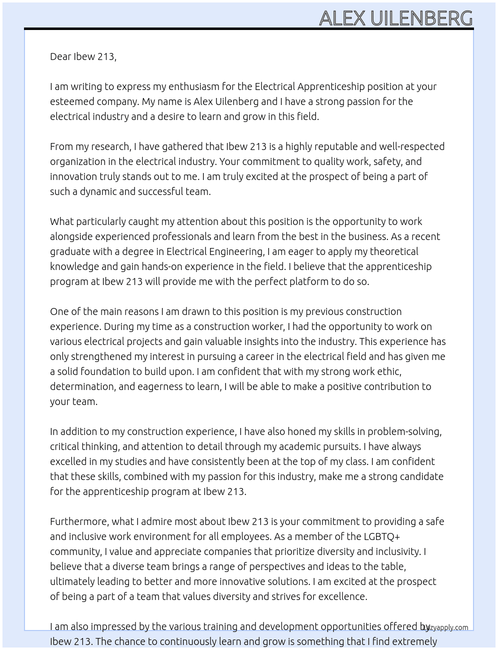 electrical apprenticeship At Ibew 213 Cover Letter
