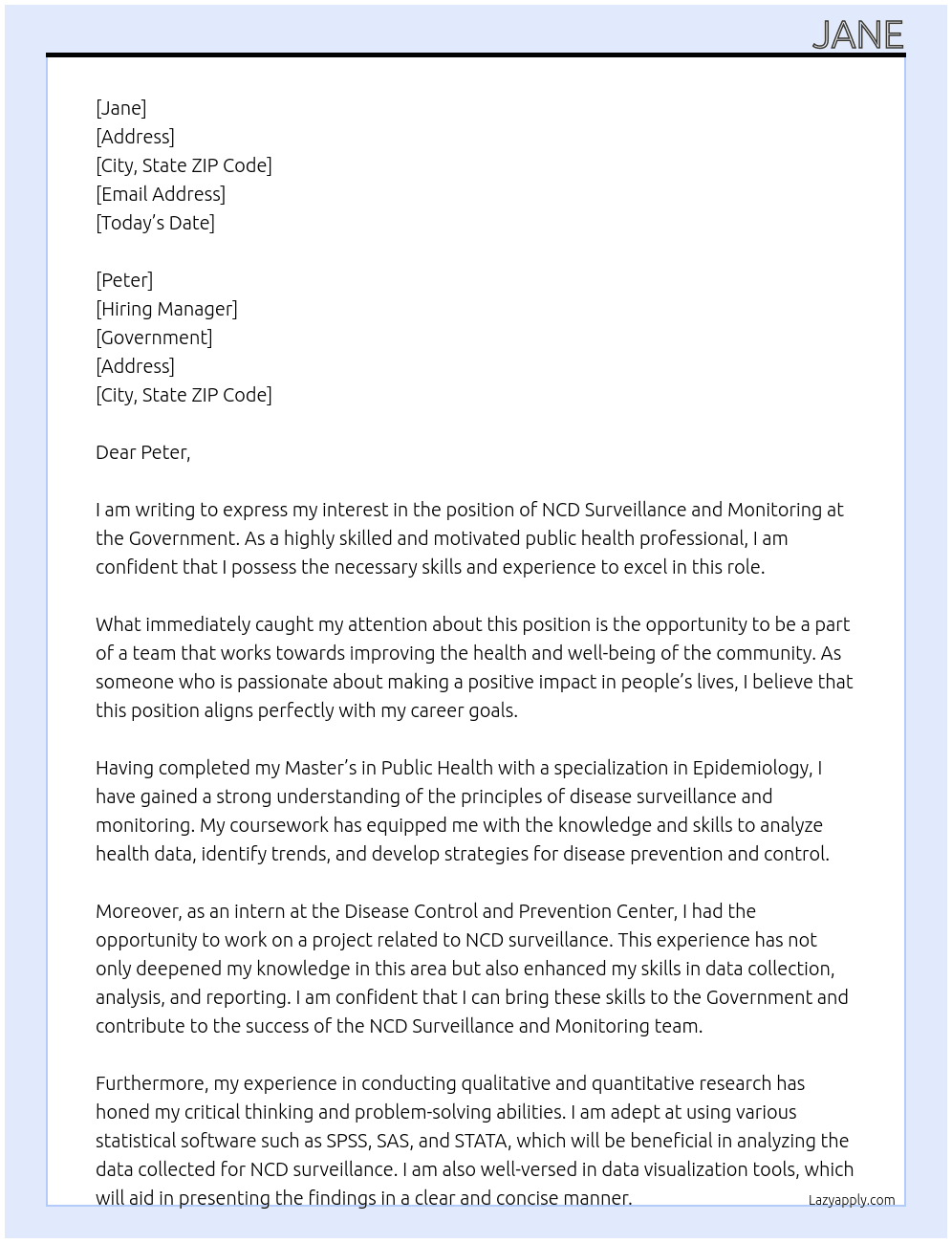 NCD Surveillance and Monitoring At governent Cover Letter