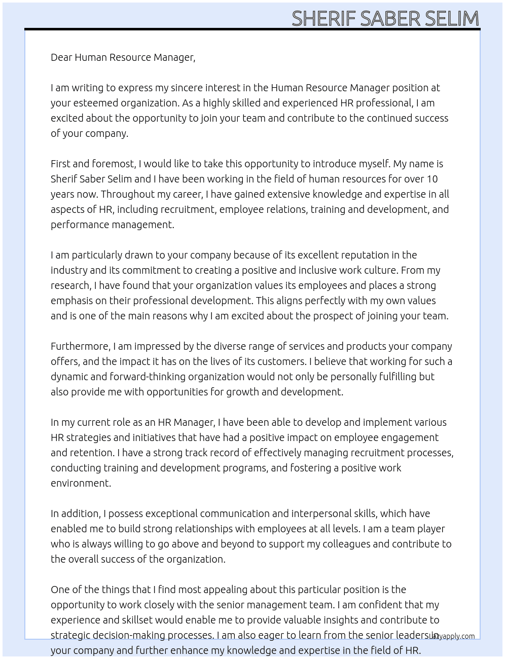 Human Resource Manager At Dear Cover Letter