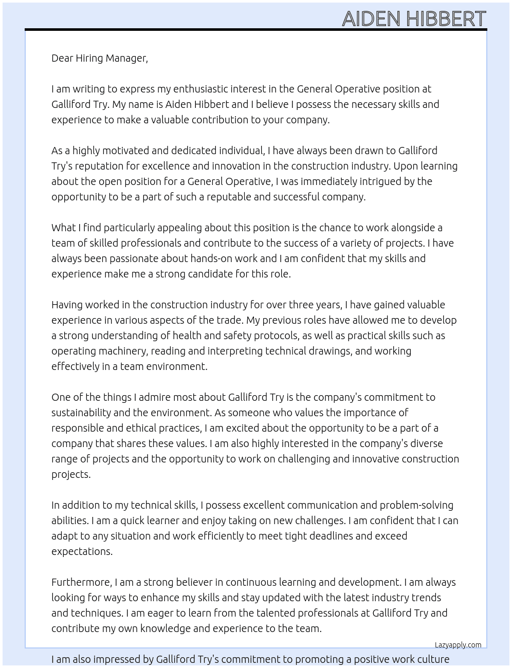 General operative  At Galliford try Cover Letter