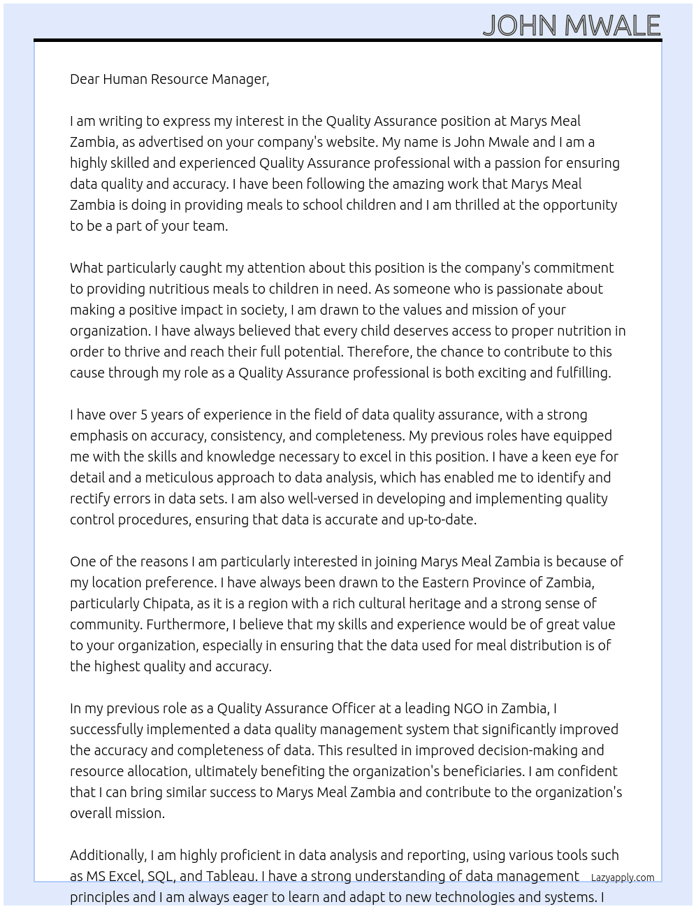 Quality Assurance At Marys Meal Zambia Cover Letter