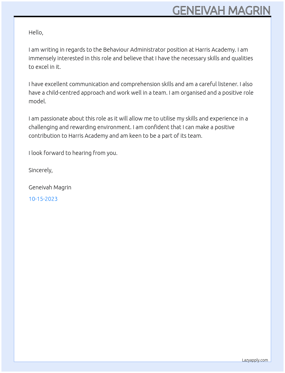 Behaviour Administrator At Harris Academy Cover Letter
