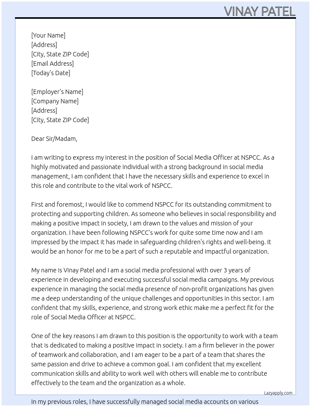 Social Media Officer At NSPCC Cover Letter