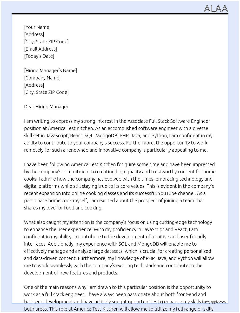 Associate Full Stack Software Engineer At America Test Kitchen Cover Letter