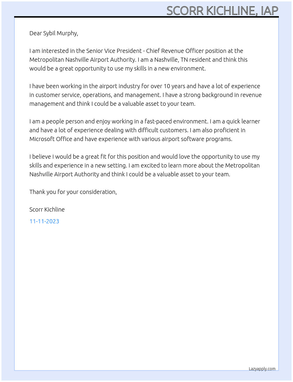 Senior Vice President - Chief Revenue Officer At Metropolitan Nashville Airport Authority Cover Letter