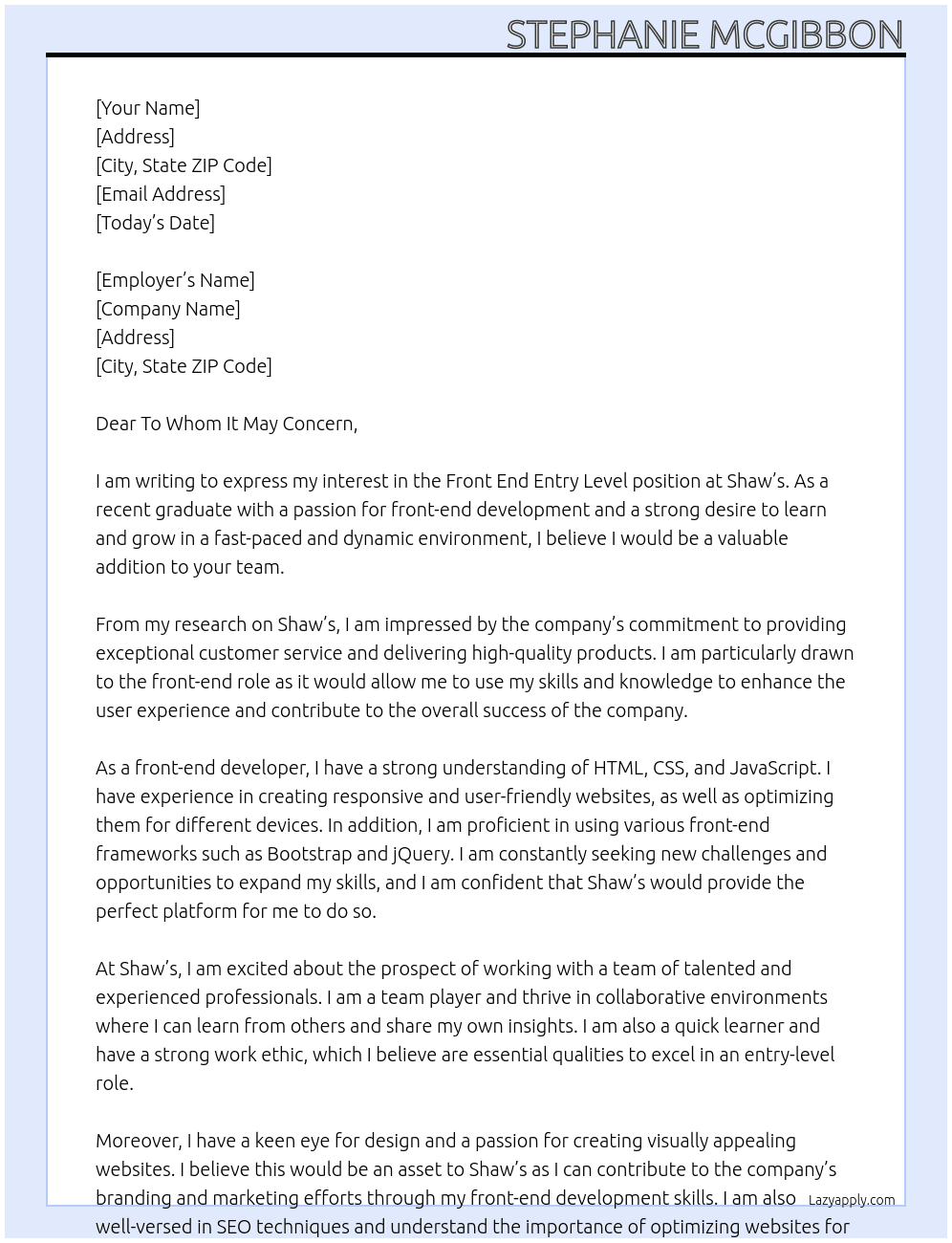 front end entry level At Shaw's Cover Letter