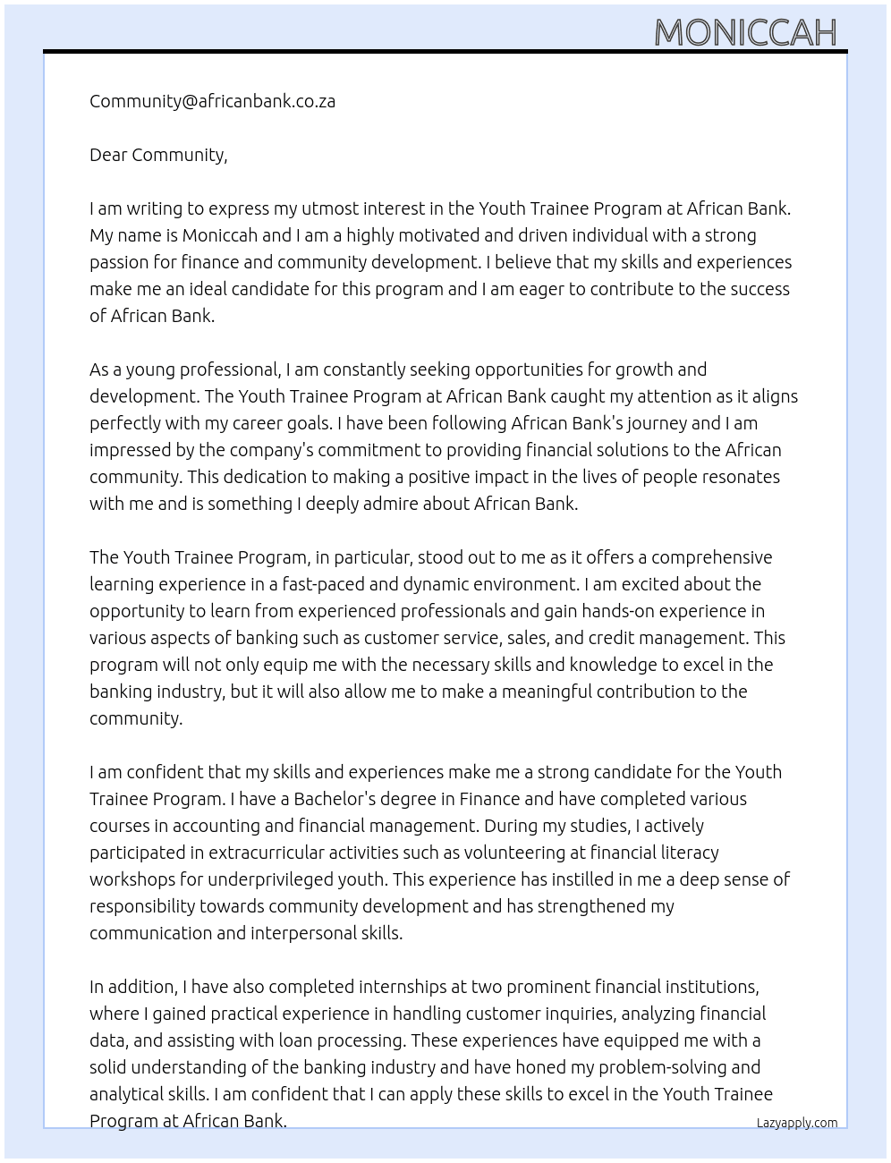  youth trainee program At African bank  Cover Letter