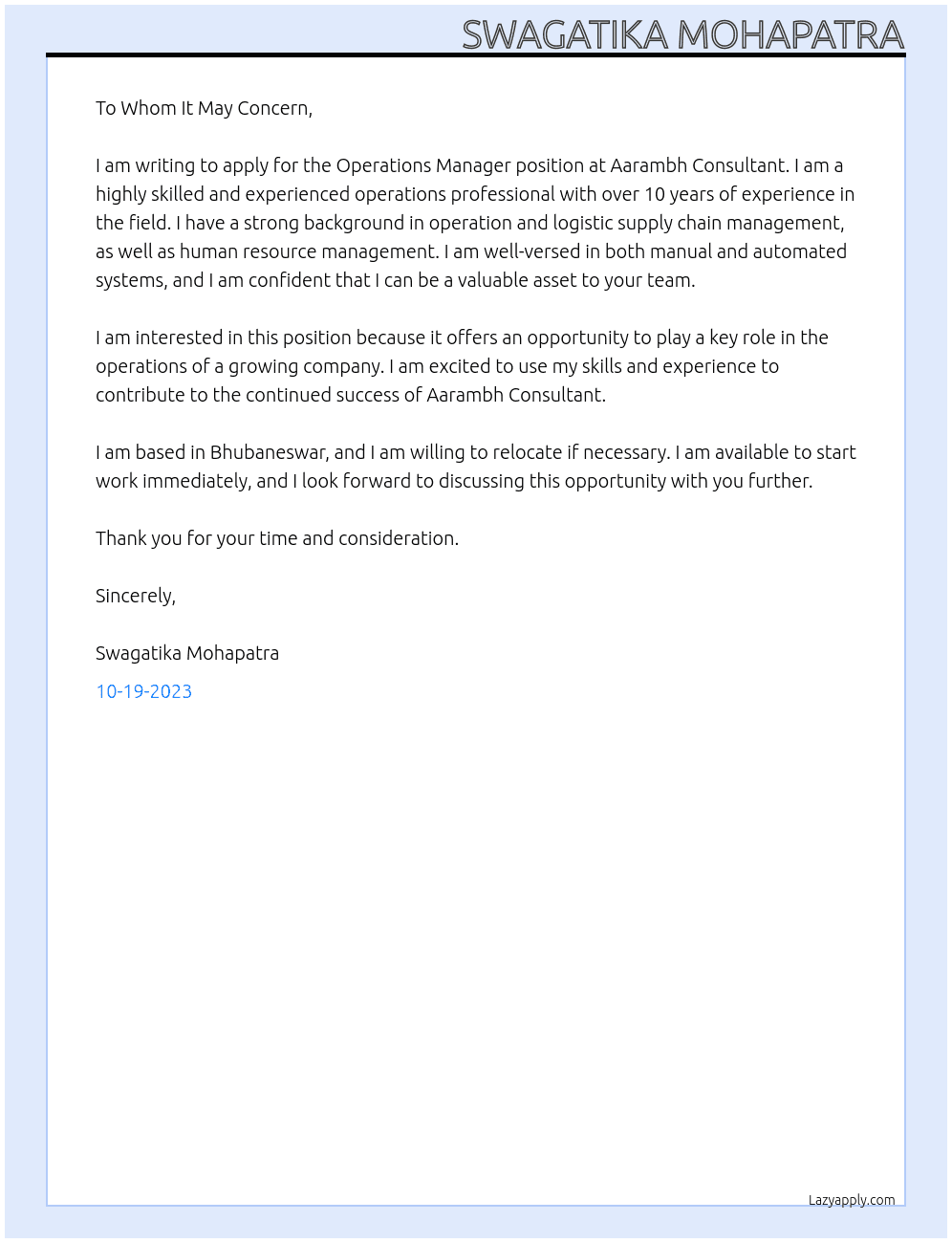 Operations manager At Aarambh consultant Cover Letter