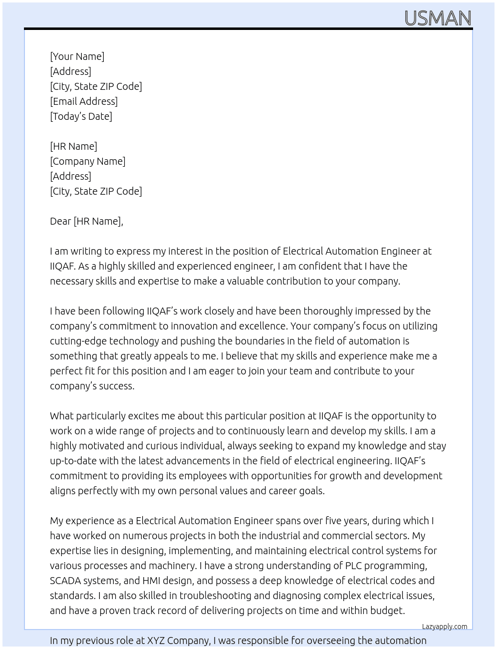Electrical Automation Engineer  At Iiqaf Cover Letter