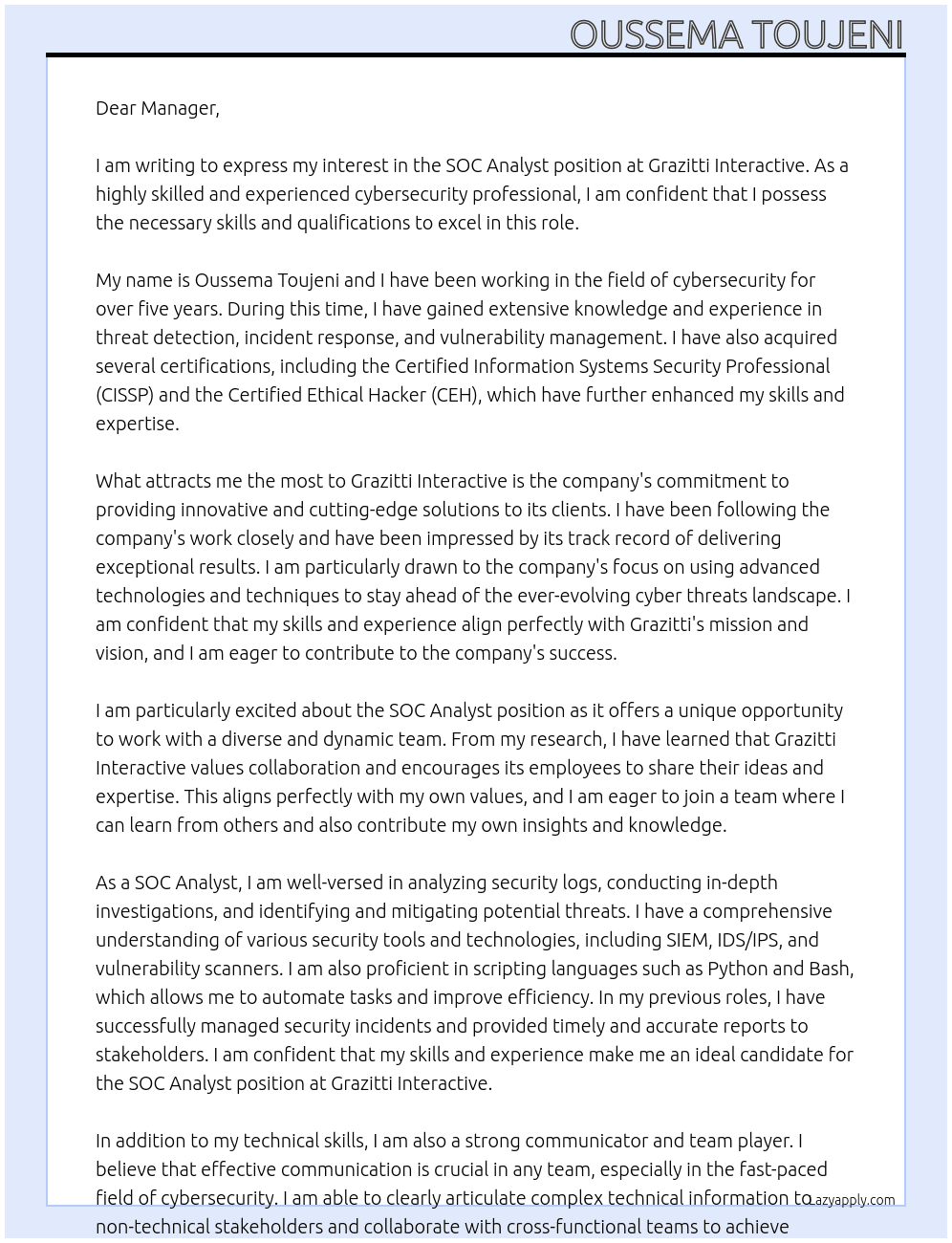  SOC Analyst At Grazitti Interactive Cover Letter