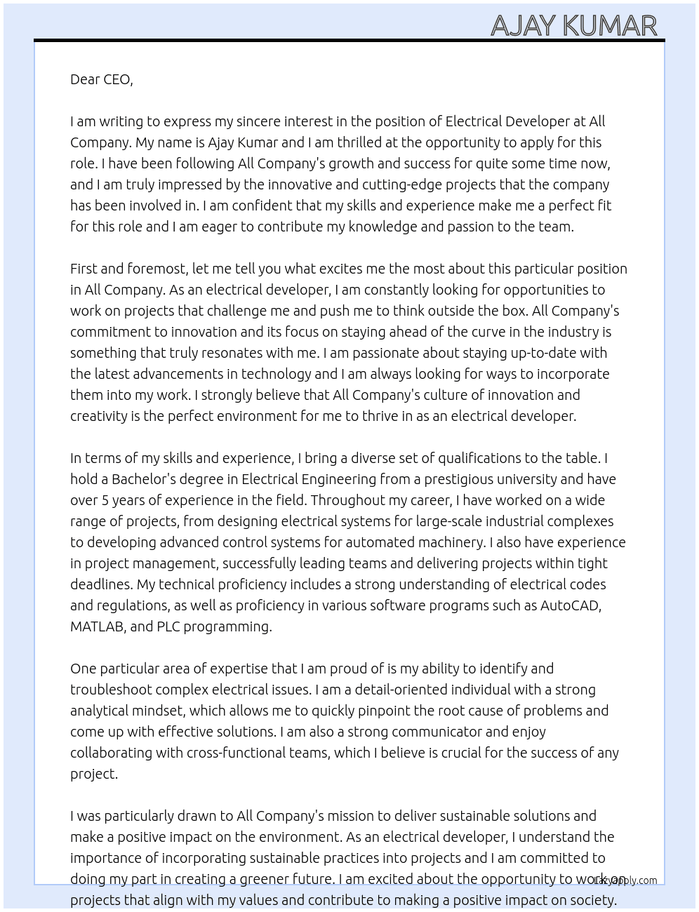 Electrical developer  At All company Cover Letter