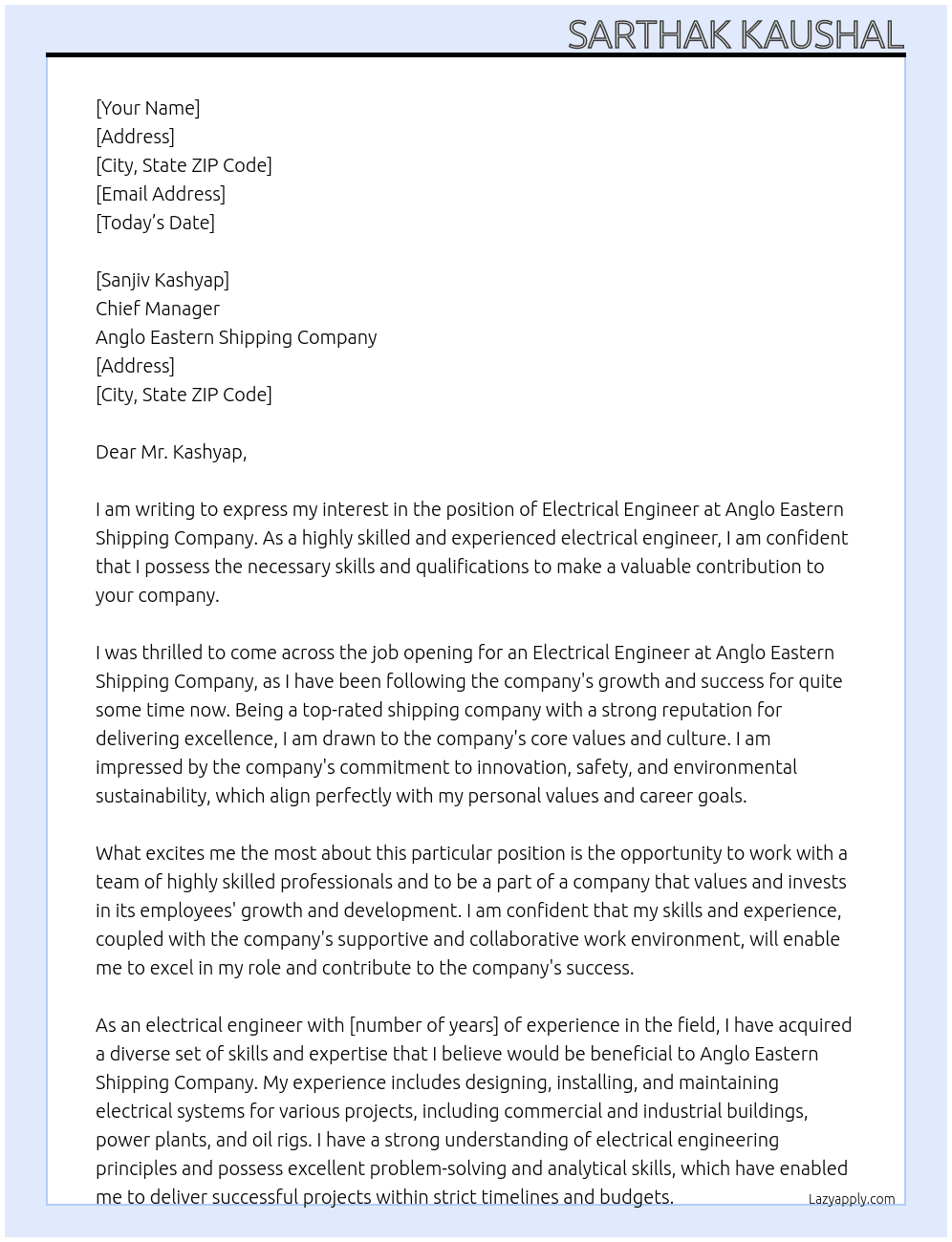 Electrical Engineer  At Anglo eastern shipping company  Cover Letter