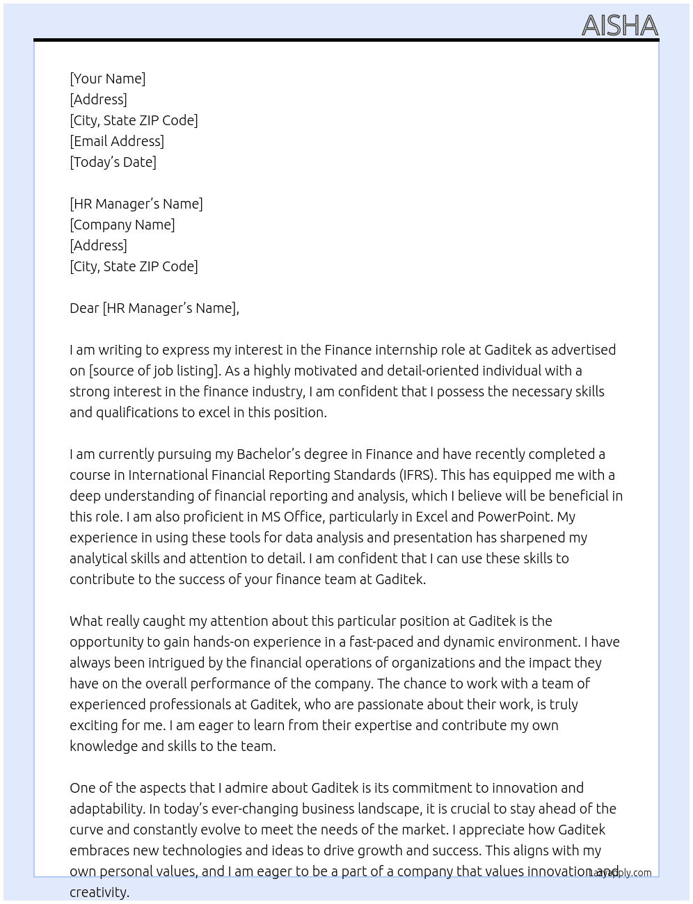 Finance At Gaditek Cover Letter