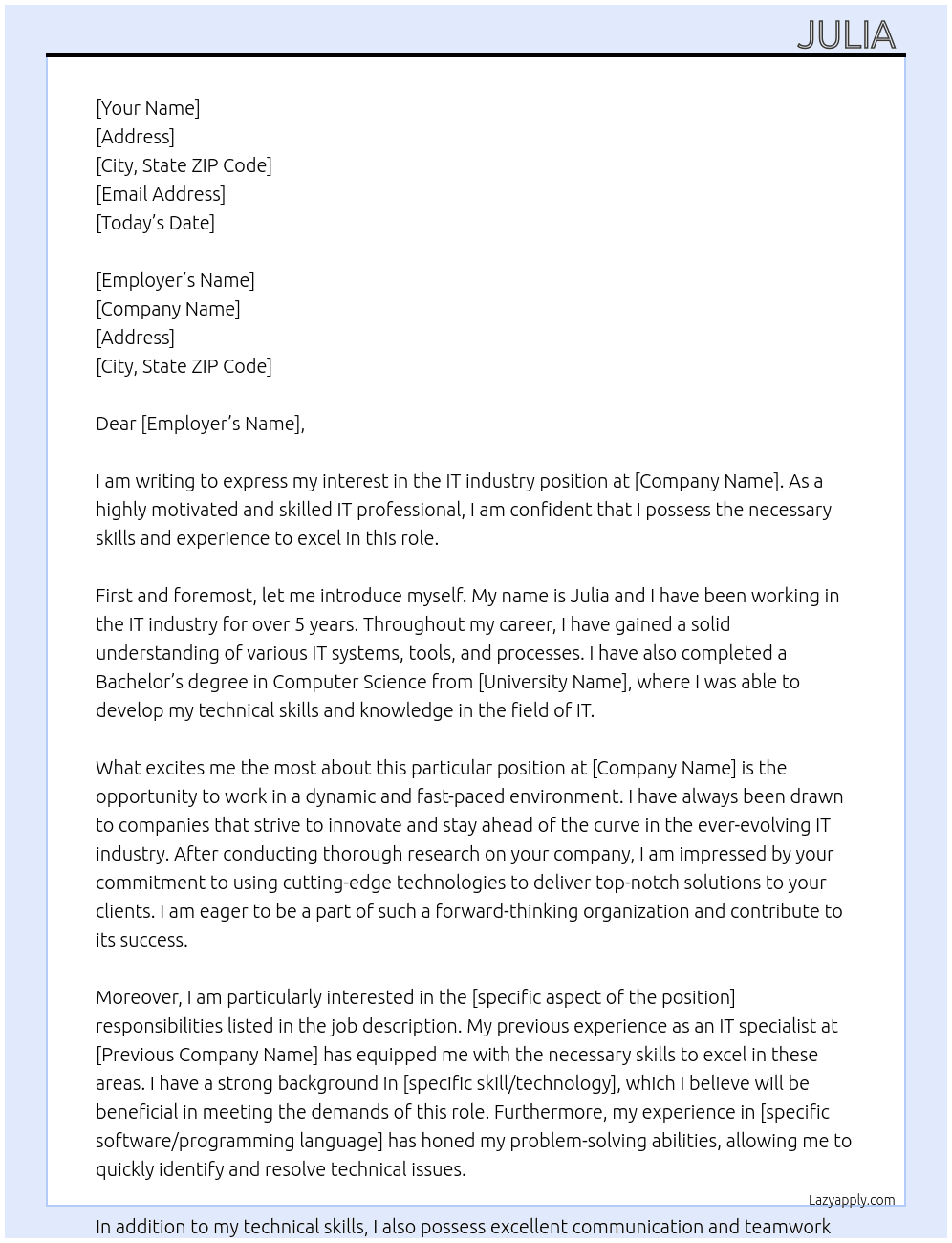 IT industry At IT industry Cover Letter