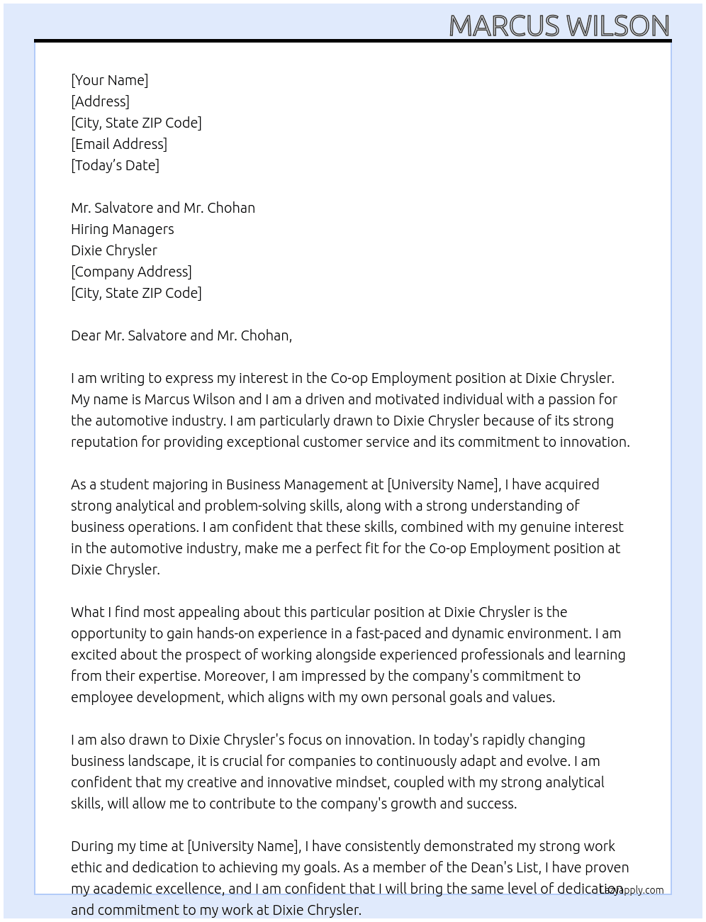 co-op employment   At  Dixie Chrysler Cover Letter