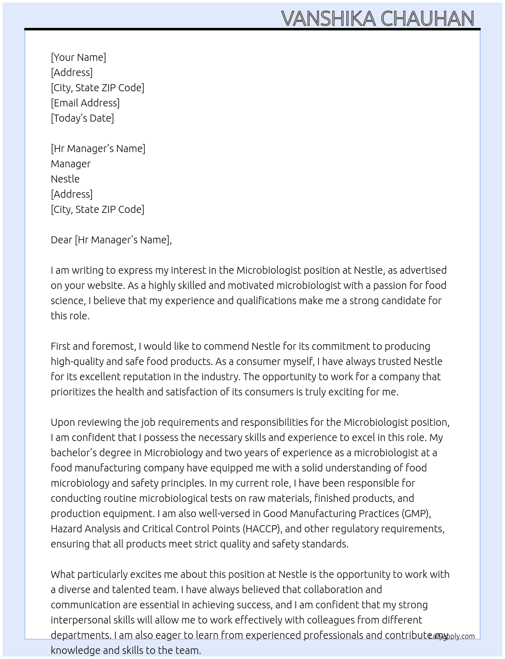 Microbiologist  At Nestle Cover Letter
