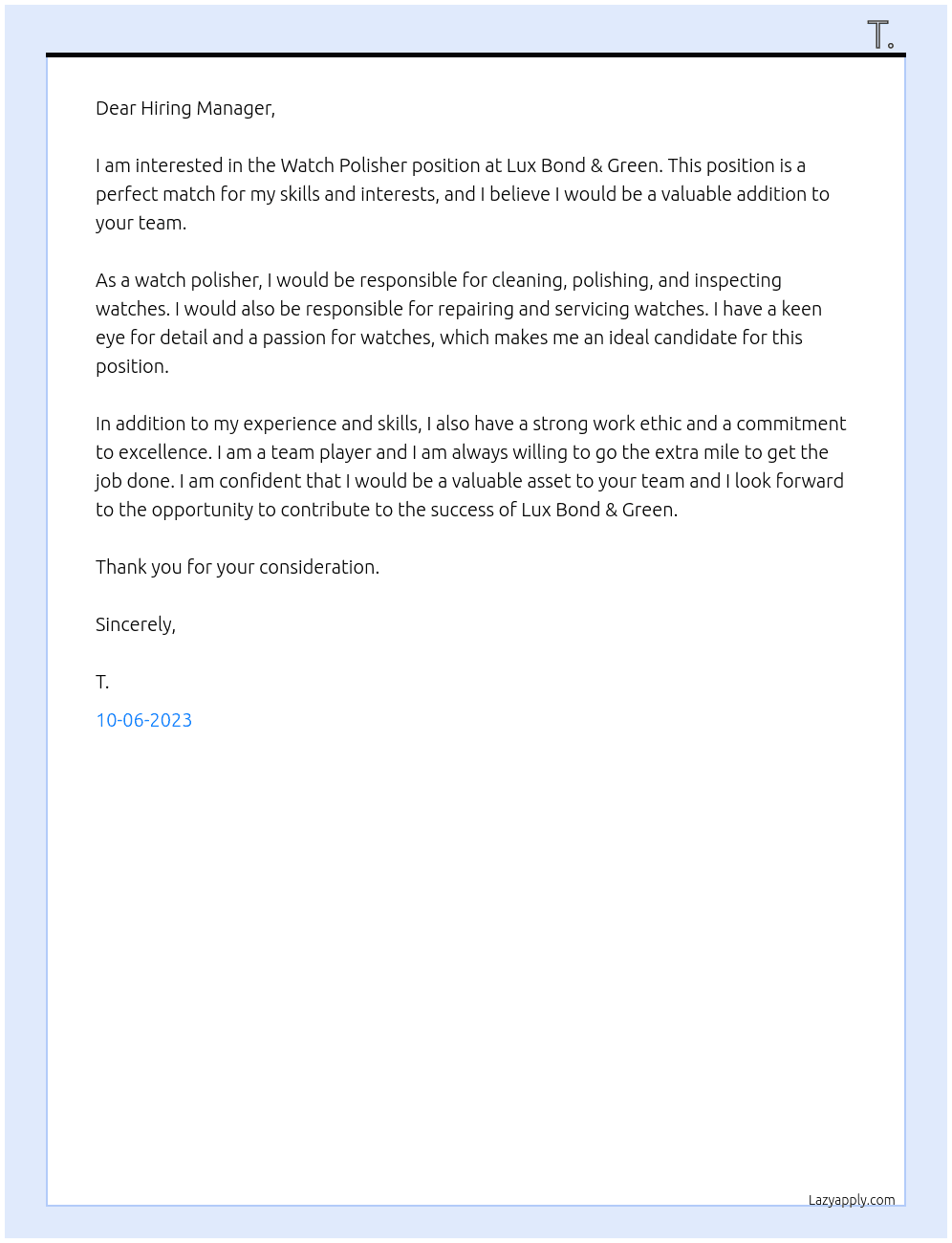Watch Polisher At Lux bond and green Cover Letter
