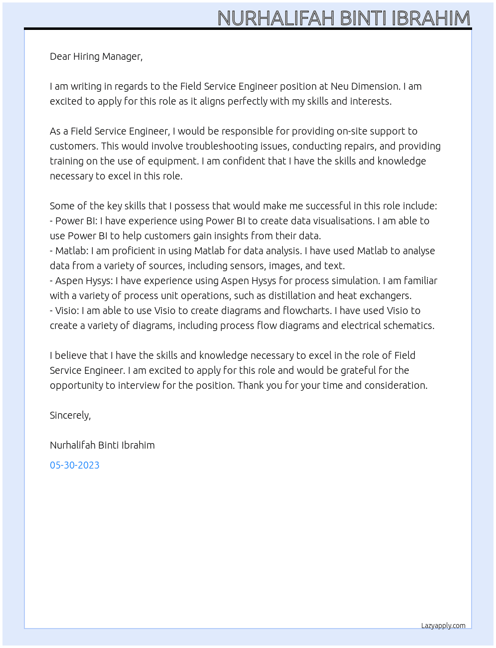 Field service engineer At Neu Dimension Cover Letter