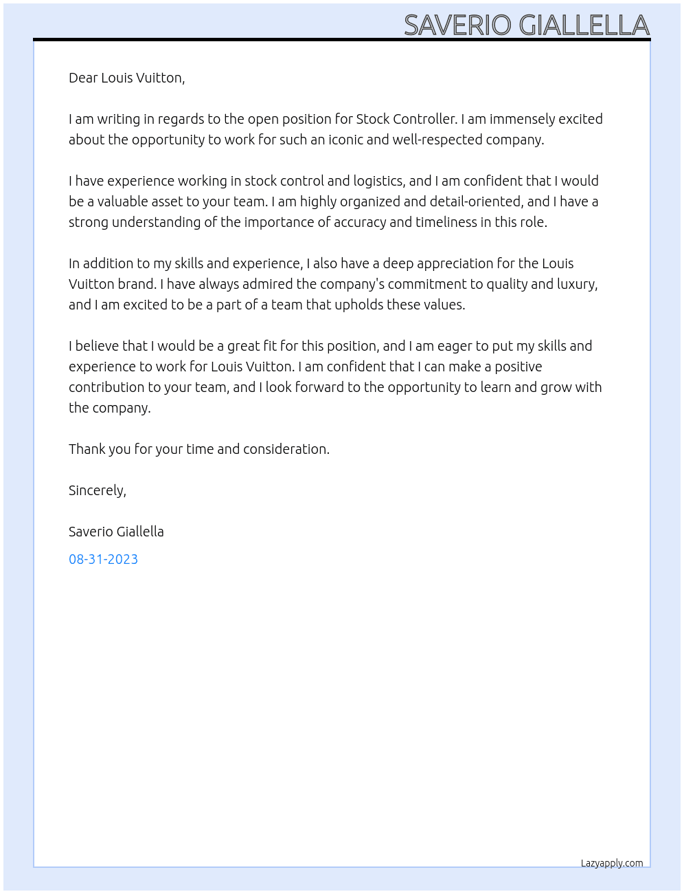 Stock Controller  At Louis Vuitton Cover Letter