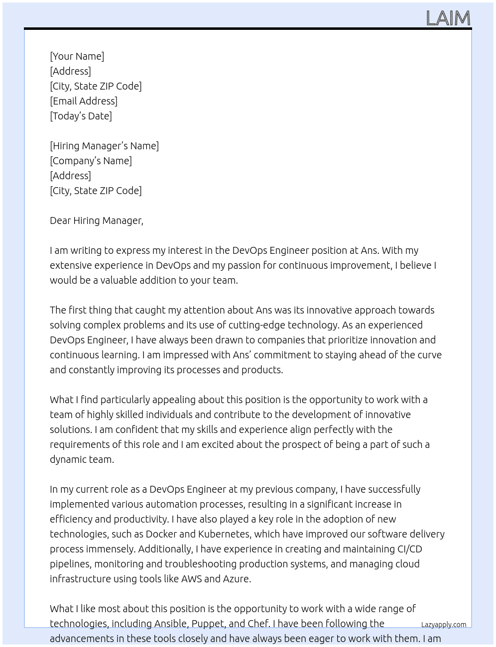 DevOps Engineer At Ans Cover Letter