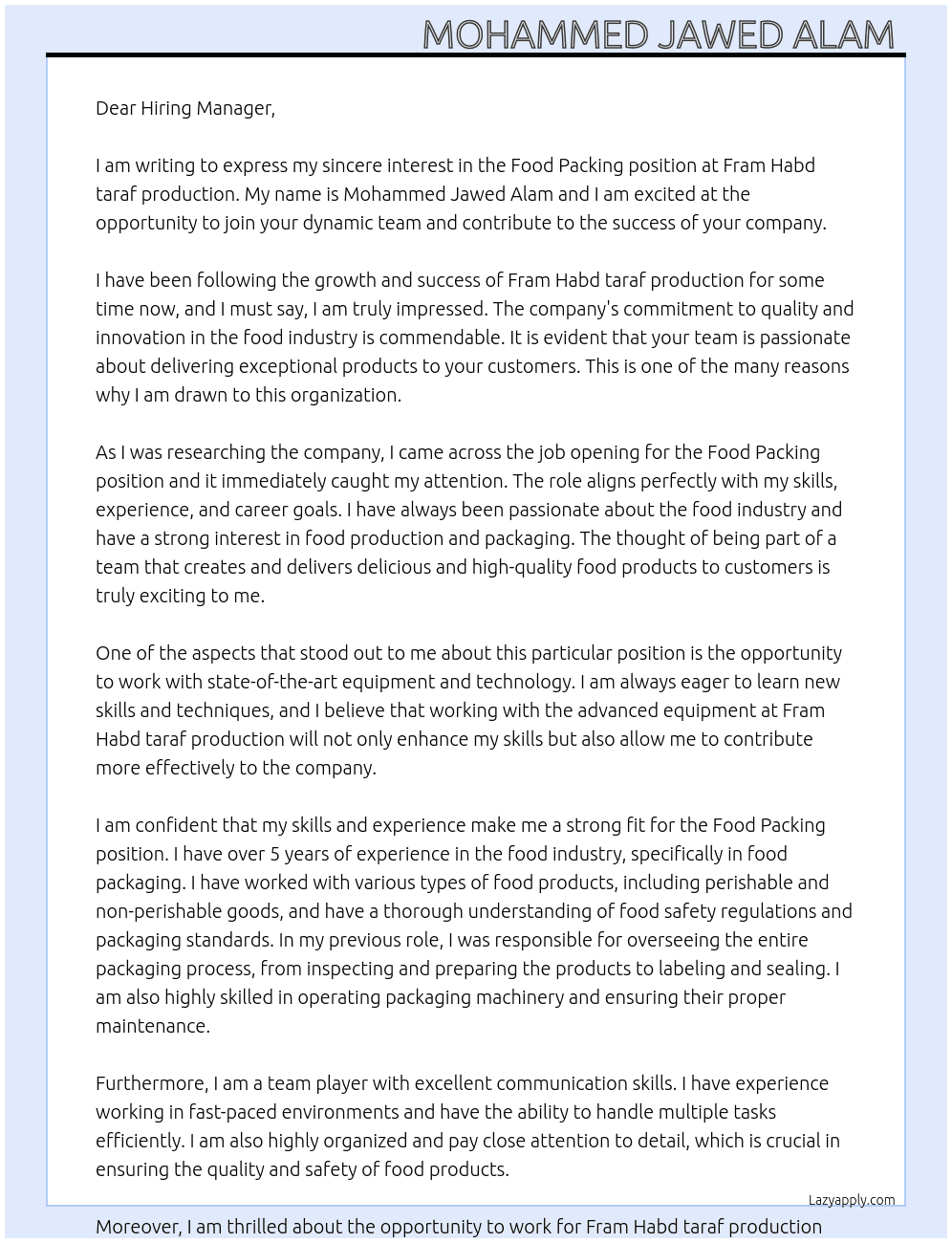 Food packing  At Fram Habd taraf production  Cover Letter