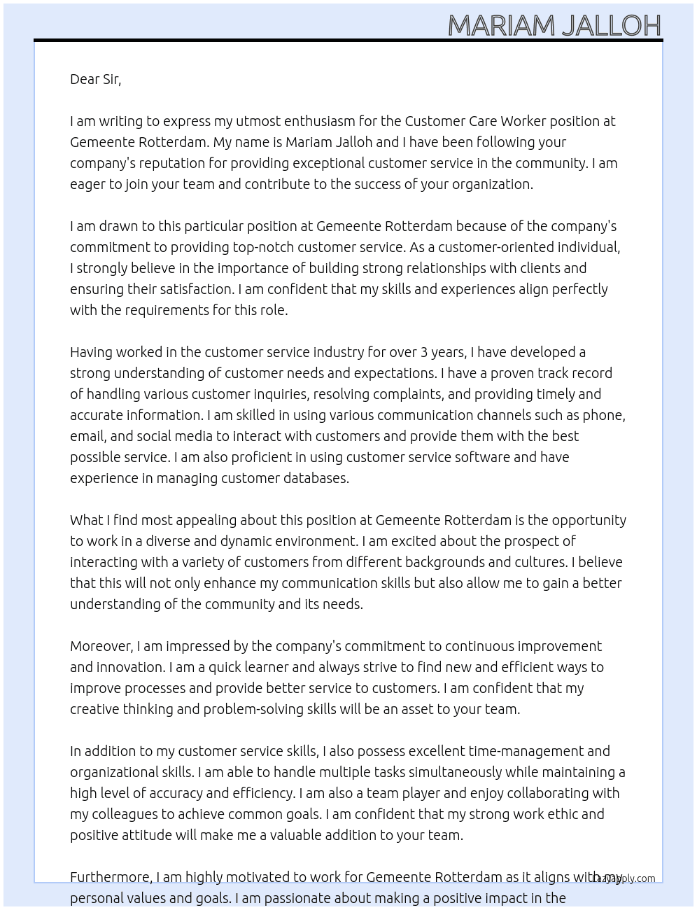 Customer care worker At Gemeente Rotterdam  Cover Letter