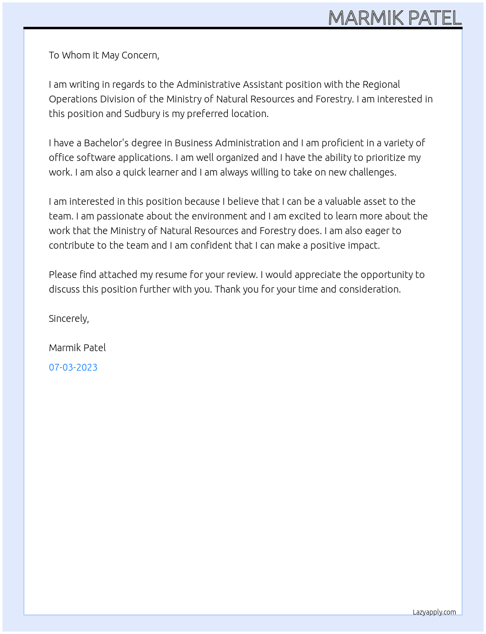 Administrative Assistant At Ministry of Natural Resources and Forestry Cover Letter