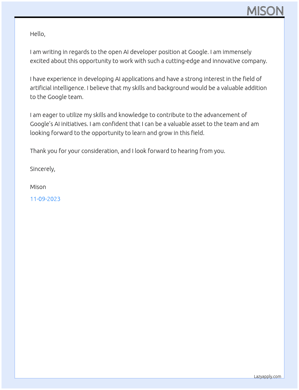 ai developer At google Cover Letter