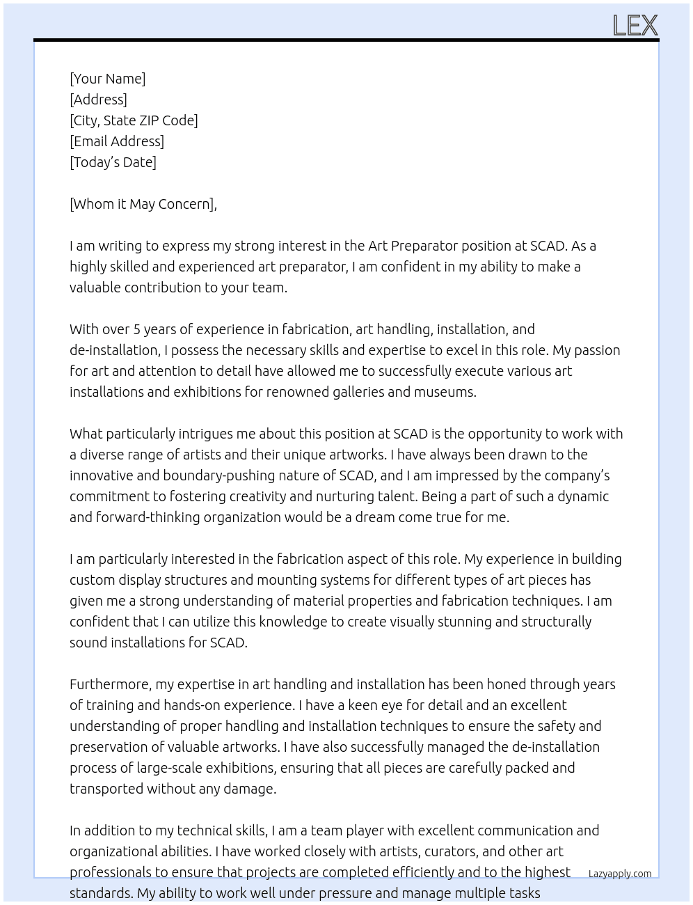 Art Preparator At SCAD Cover Letter