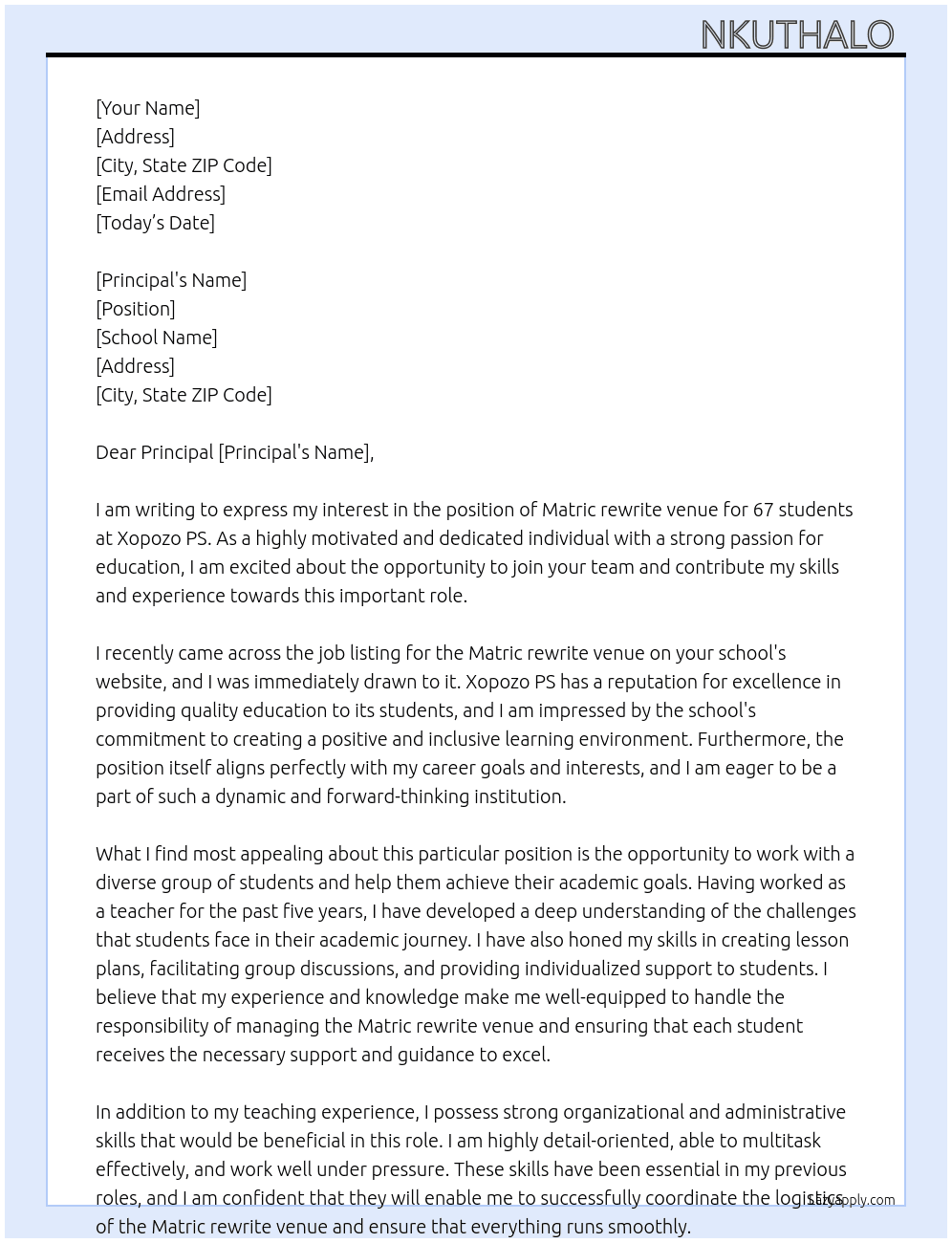 Request for Matric rewrite venue for 67 students not advertised  At Xopozo PS  Cover Letter