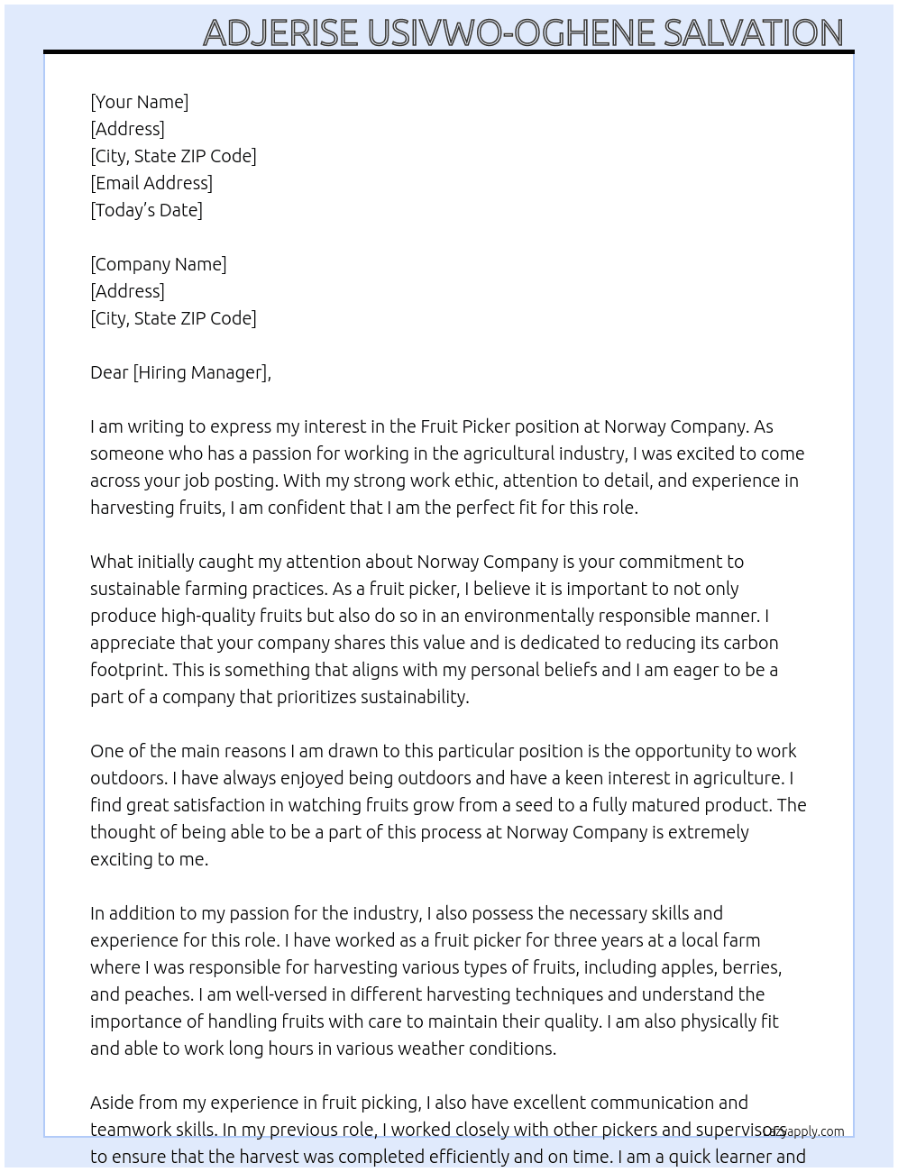 Fruit picker  At Norway  Cover Letter