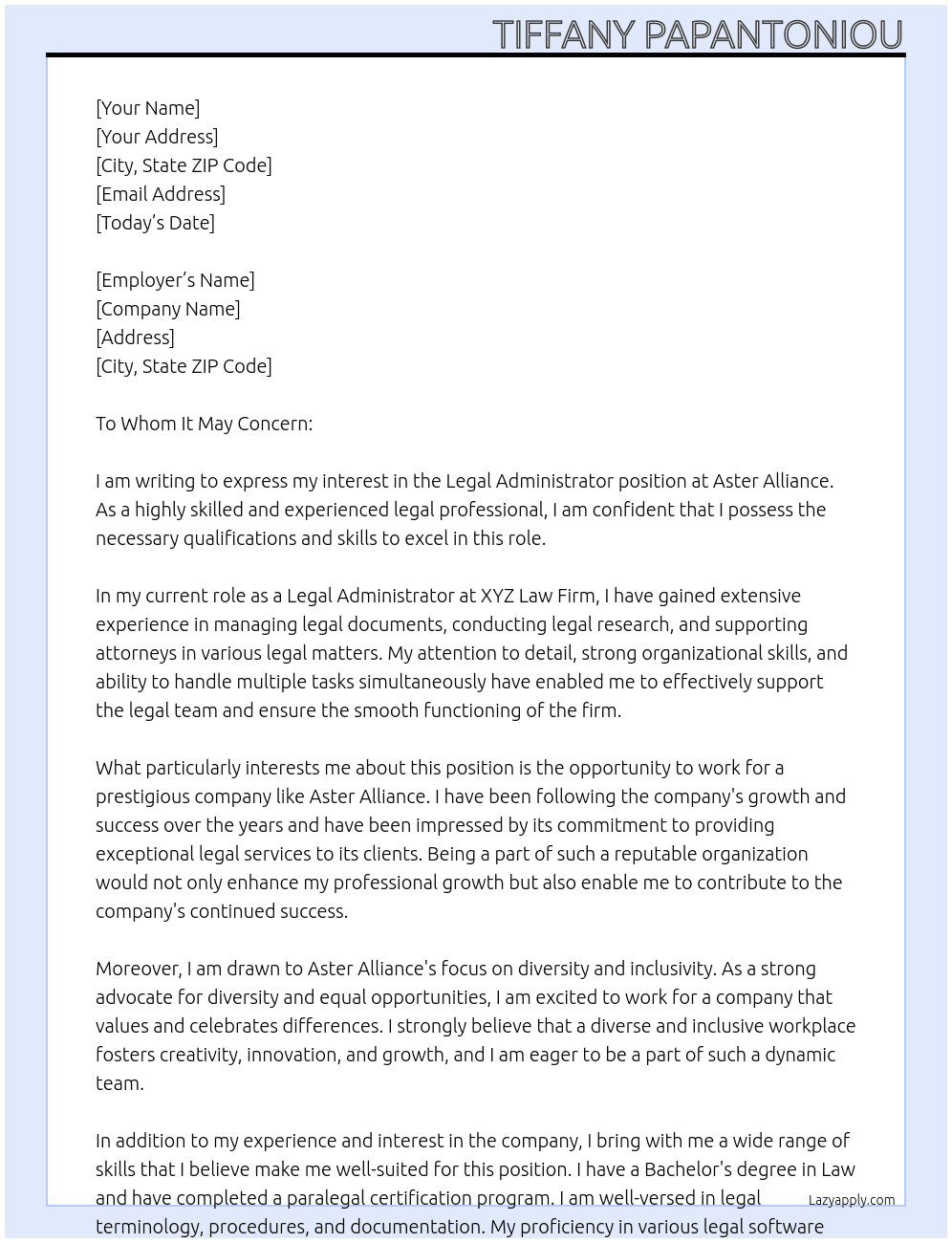 Legal Administrator At Aster Alliance Cover Letter