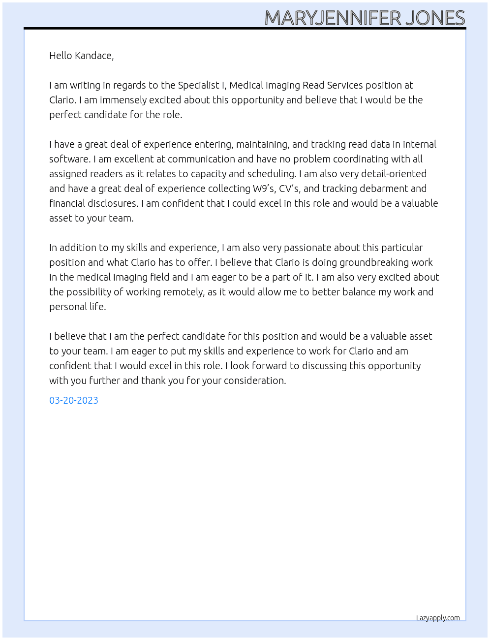 Specialist I, Medical Imaging Read Services At Clario Cover Letter