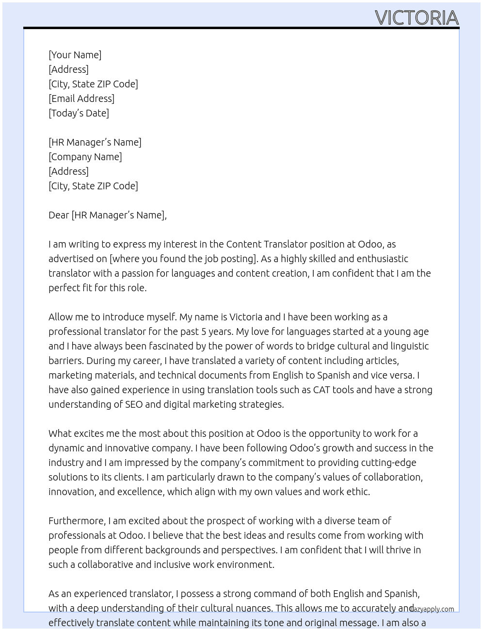 Content Traslator At Odoo Cover Letter
