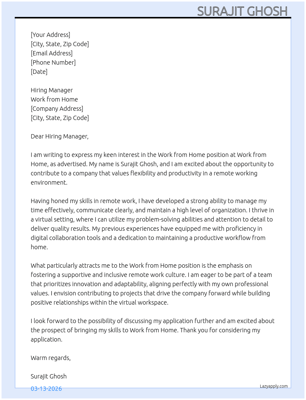 Work from home  At Work from home  Cover Letter
