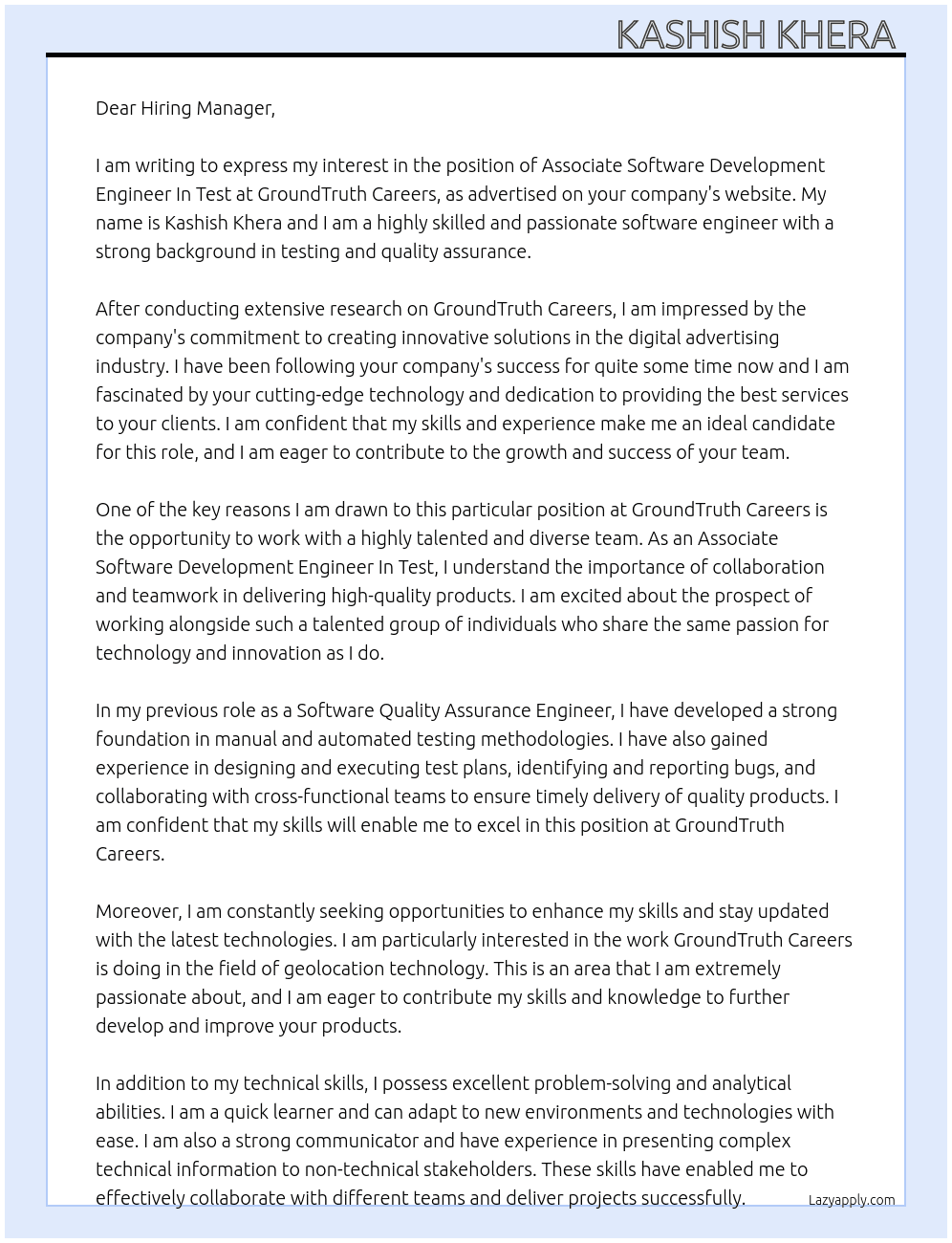 Associate Software Development Engineer In Test At GroundTruth Careers Cover Letter