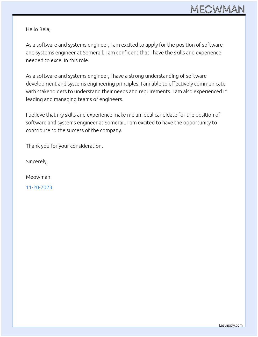 Software and Systems Engineer At Somerail Cover Letter