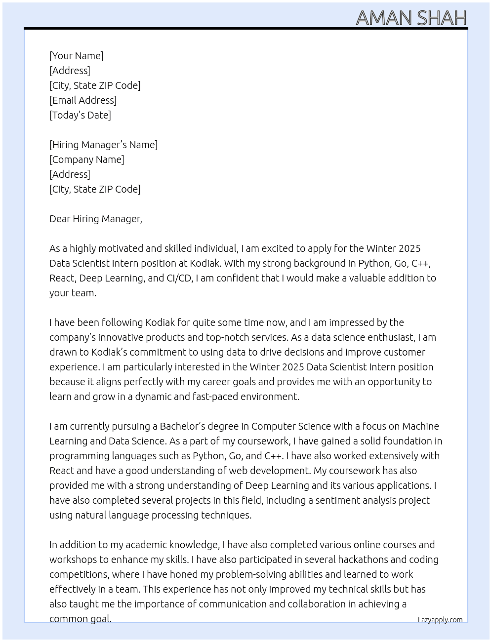 Winter 2025 Data Scientist Intern At Kodiak Cover Letter