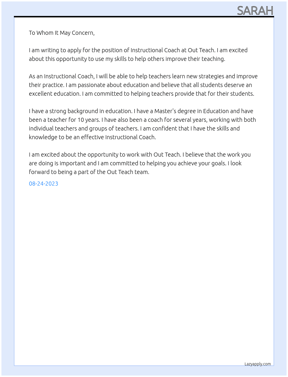 Instructional Coach At Out Teach Cover Letter