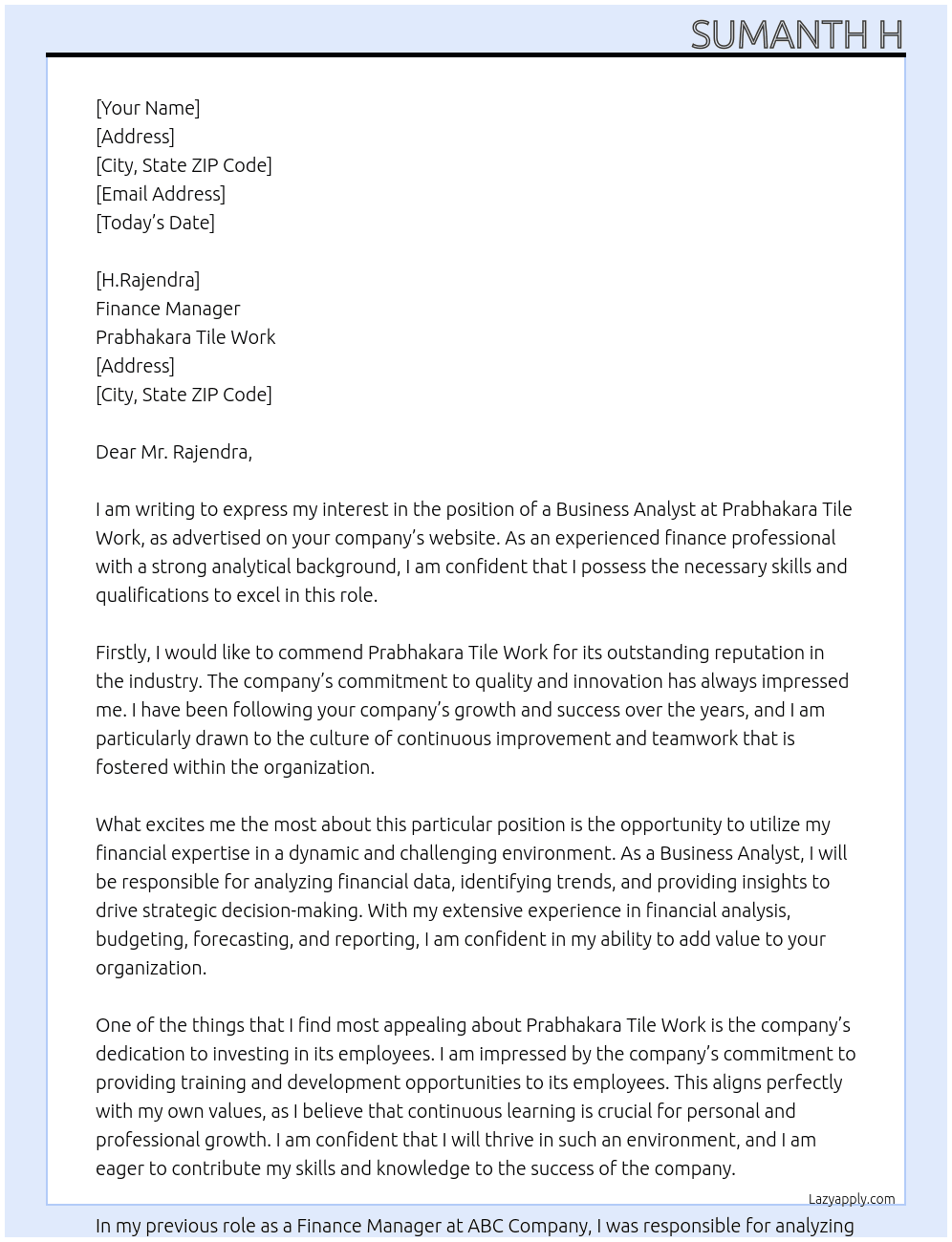 business analyst At prabhakara tile work Cover Letter